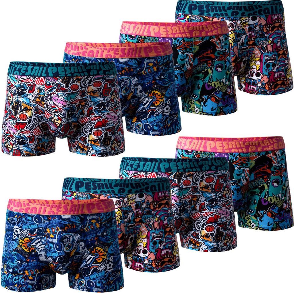 PESAIL Jungen Boxershorts, Gr. 110-116, 10 Unterhosen, Gr.110 bis 176, aus Baumwolle-Modal, Retroshorts für Kinder, Unterwäsche ohne kratzenden E...