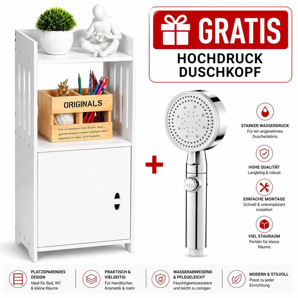 Badezimmerschrank Weiß Schmal mit Türen + GRATIS Hochdruck Duschkopf | Badschrank Schmal Badregal WC Schrank Platzsparend