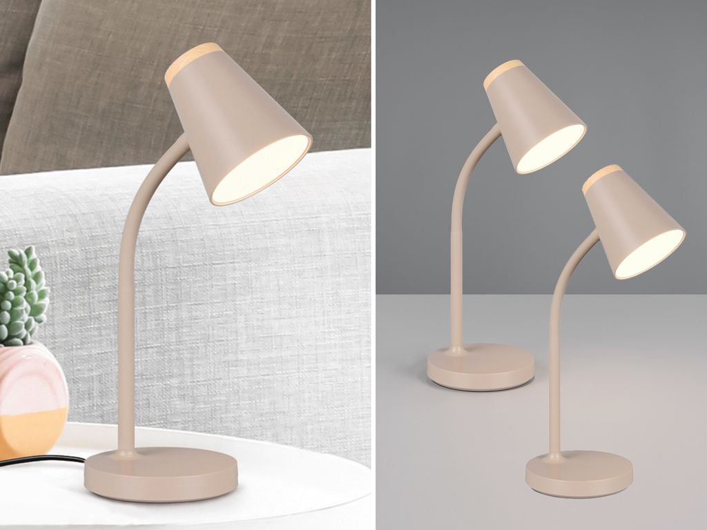 2er SET LED Schreibtischlampen Beige mit Holzoptik, flexibel biegsam, Höhe 36cm