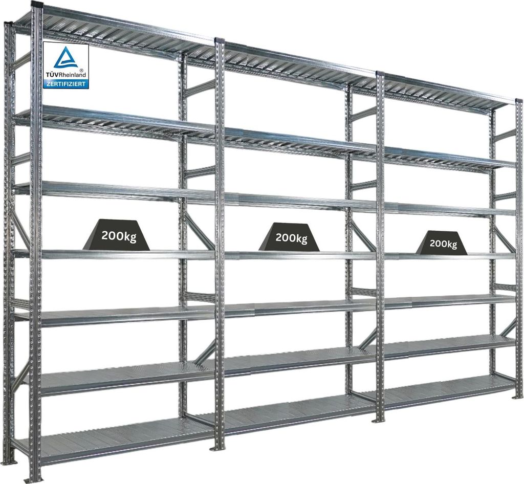 Fachbodenregal PROXIMO mit Stecksystem | Komplettregal | HxBxT 250x360x40cm | 7 Ebenen | Beidseitig nutzbar | Verzinkt