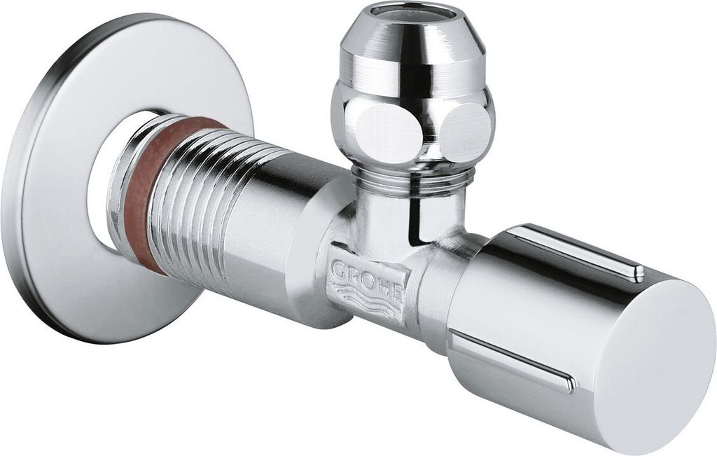 A chrome-plated angle valve with a round flange and a handle.