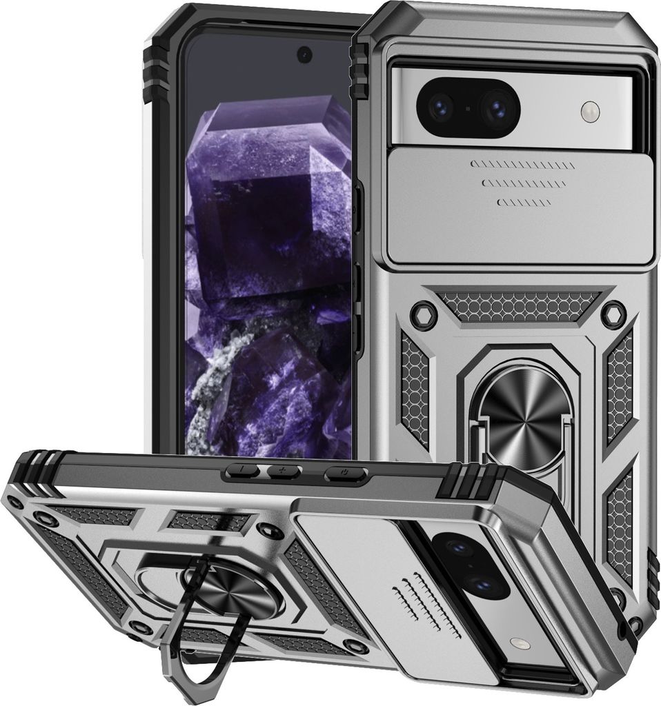 Google Pixel 8A Hülle mit Schiebe Kamera Schutz und Ringhalter Ständer Schutzhülle für Google Pixel 8A Silber