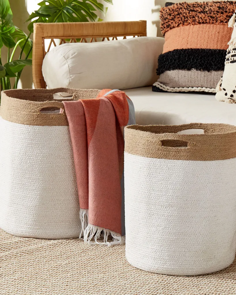 BELIANI Lot de 2 Paniers de Rangement en Coton Blanc et Beige Clair