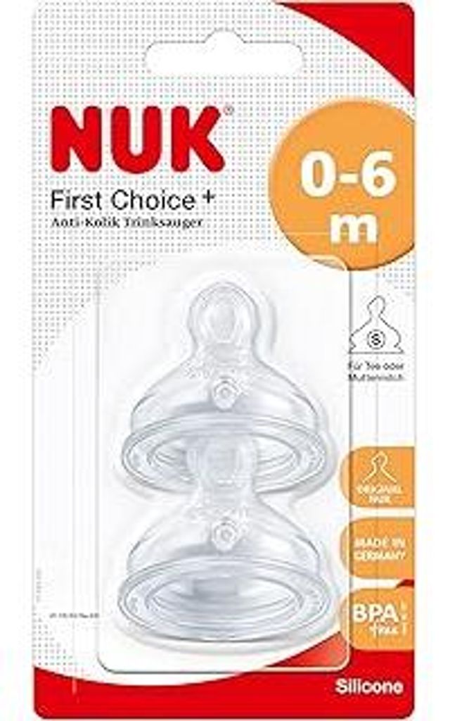 NUK First Choice+ Anti-Colic-Trinksauger Silikon | kiefergerechte NUK Form | Größe 1 (0-6 Monate) S für Tee | 2 Stück