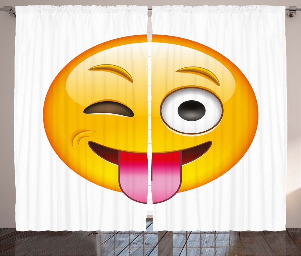 ABAKUHAUS Emoji Rustikaler Gardine, Cartoon Flirty Funny Face, Schlafzimmer Kräuselband Vorhang mit Schlaufen und Haken, 280 x 245 cm, Gelb