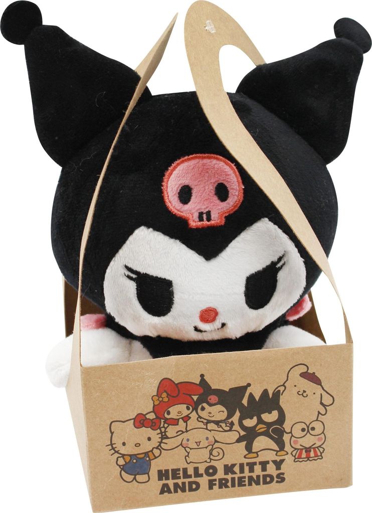 A plush toy of the character Kuromi from Sanrio, presented in a cardboard gift box with other Sanrio characters printed on it.