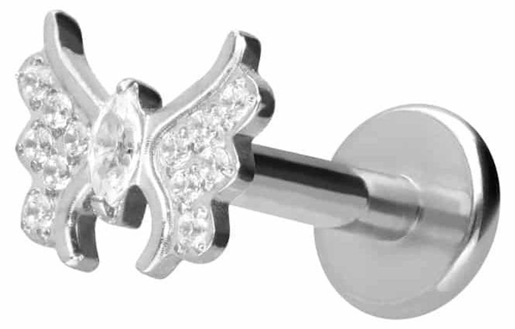 Ohrpiercing, Nasenpiercing Titan Labret mit Innengewinde KRISTALLSCHMETTERLING Silber Stablänge: 6mm | Stabstärke: 1,6mm