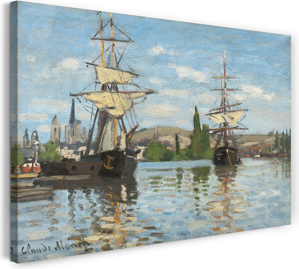 Leinwandbild (120x80cm): Claude Monet - Schiffe auf der Seine bei Rouen (1872/1873), echter Holz-Keilrahmen inkl. Aufhänger, handgefertigt in Deut...