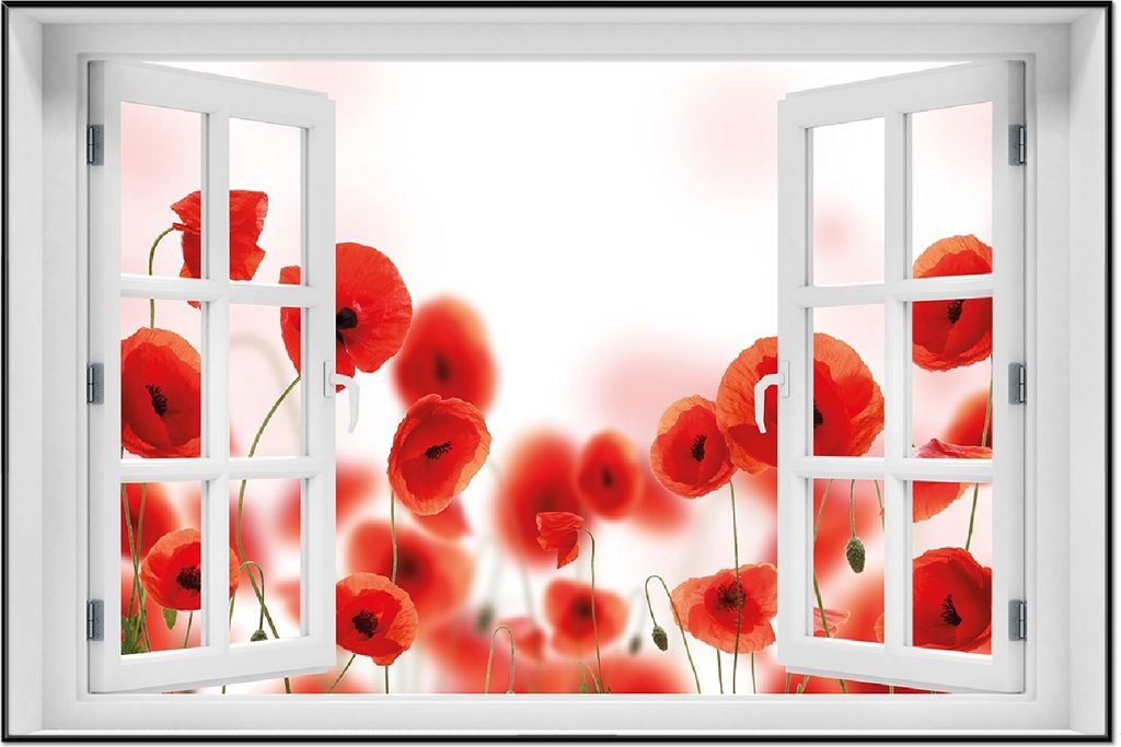 Wallario Wandbild mit Fenster-Illusion: Leuchtende Mohnblumen - Rote Mohnblumenblüten, Größe: 61 x 91,5 cm, Poster mit schwarzem Aluminiumrahmen