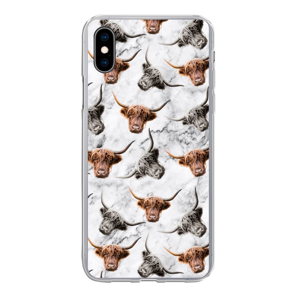 MuchoWow Handyhülle Schutzhülle Hülle für iPhone Xs Schottischer Highlander - Kuh - Marmor Silikon Softcase Handy Hülle - Handytasche