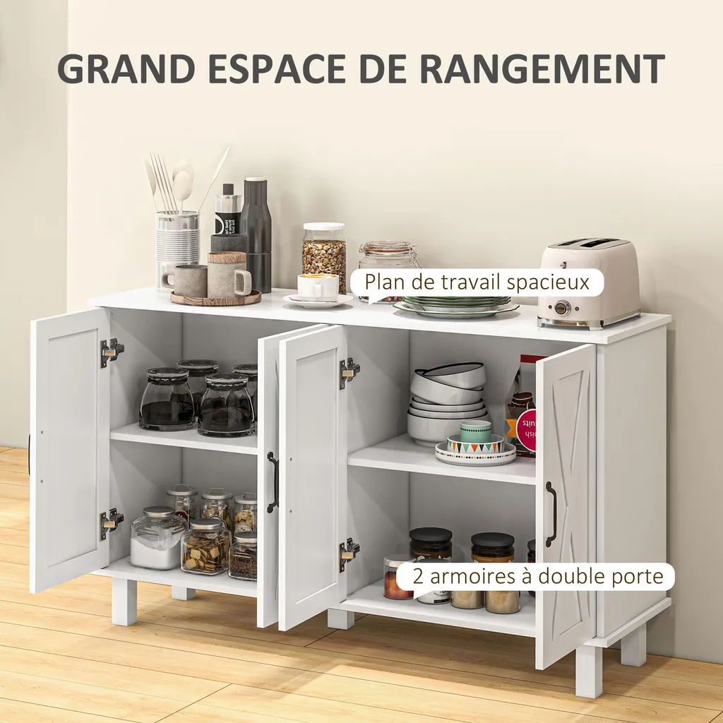 Buffet 4 portes blanc style campagne - Rangement bas avec étagères modulables - 6