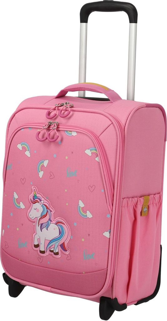 A pink children's rolling suitcase with a unicorn and rainbow design.