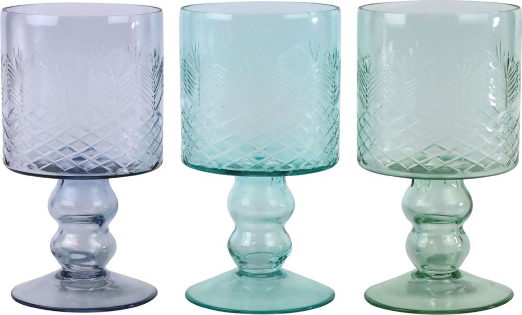 FURNARO Glaspokalset Aqua 3er-Set dekorative Glaspokale aus hochwertigem Glas in Blautönen, 20 cm Höhe stilvolle Wohndeko