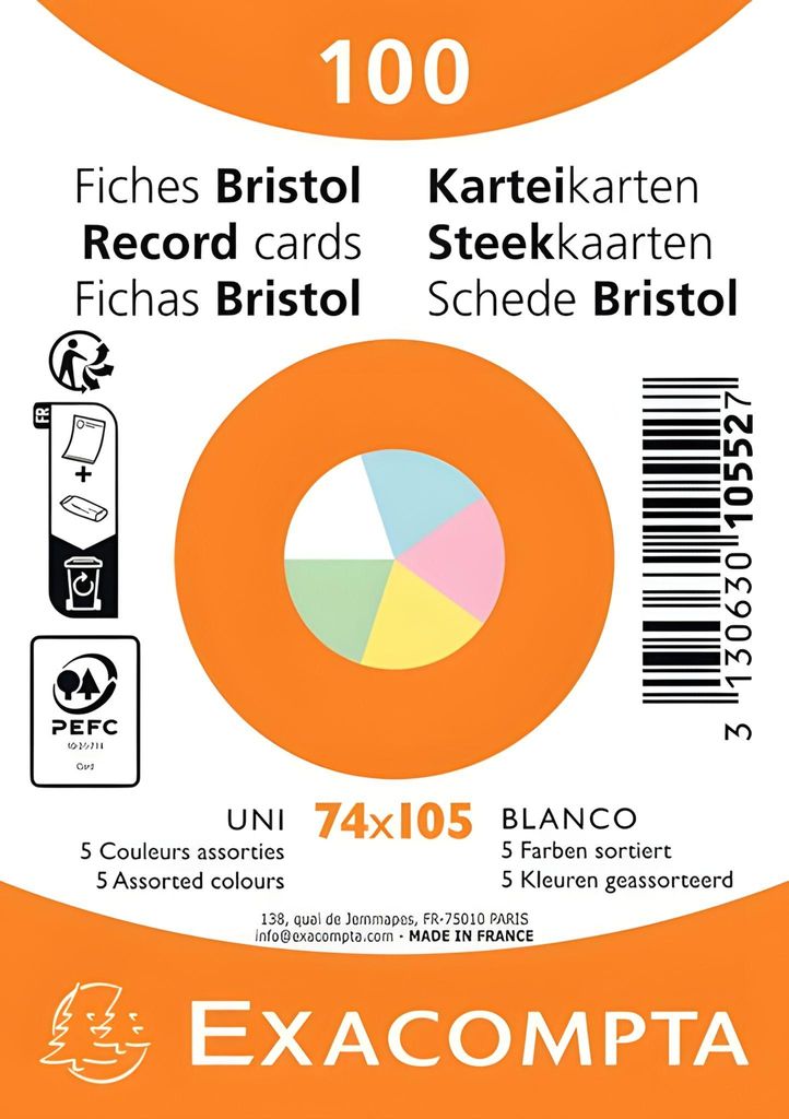 EXACOMPTA Karteikarten DIN A7 blanko farbig sortiert 100 Karteikarten