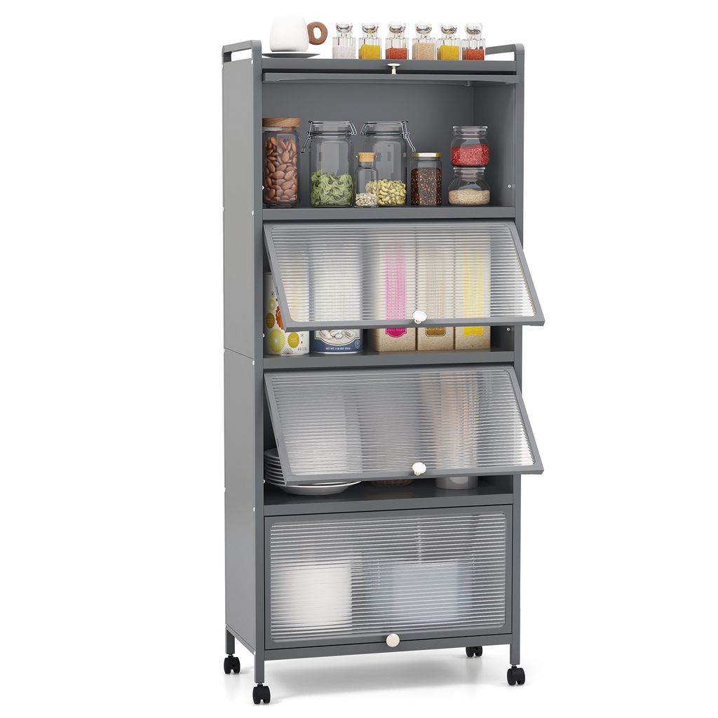 A gray kitchen cabinet with multiple shelves and transparent doors, filled with various food items and kitchenware.