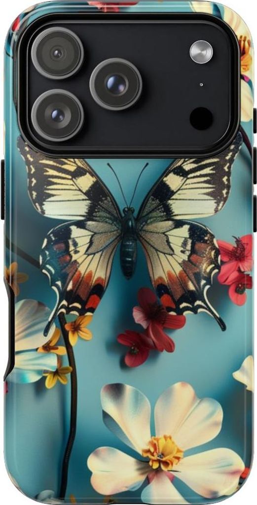 Schmetterling und Blumenmuster auf Blau – Hülle Kompatibel mit iPhone 17 Pro