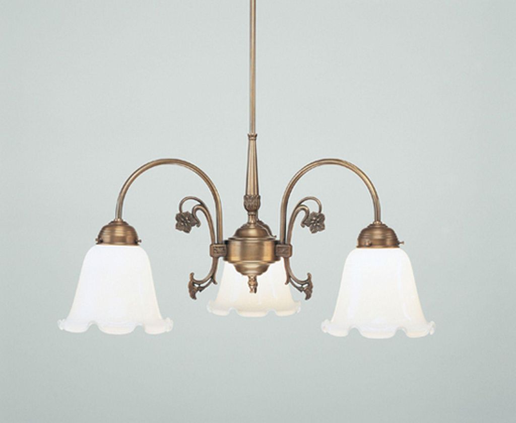 Hängeleuchte Messing massiv Glas H: max. 84 cm in Berliner Opal Weiß E27 3-flammig Jugendstil