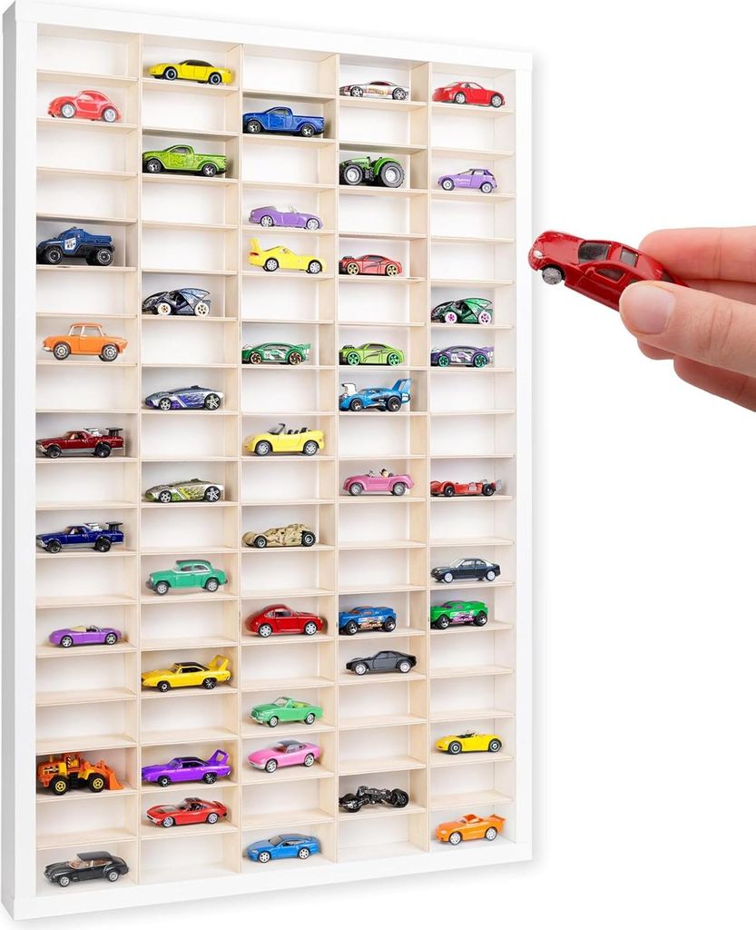 Creative Deco Weiß Setzkasten Holz Sammlervitrine für Autos - 90 verstellbare Fächer | Vertikales Wandregal 80 x 51 x 5,5 cm