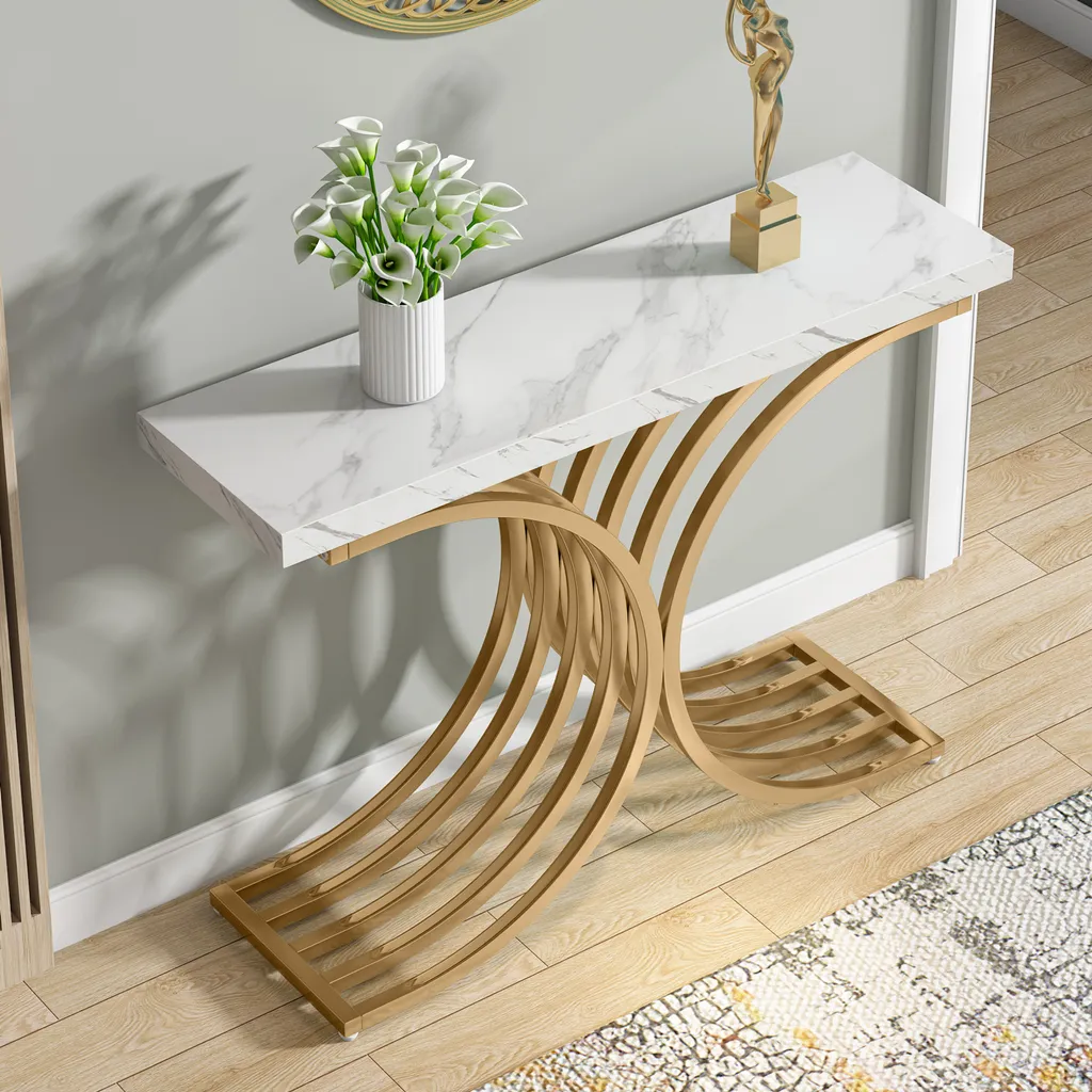 Console étroite pour gain de place, table d'appoint stable blanc et or