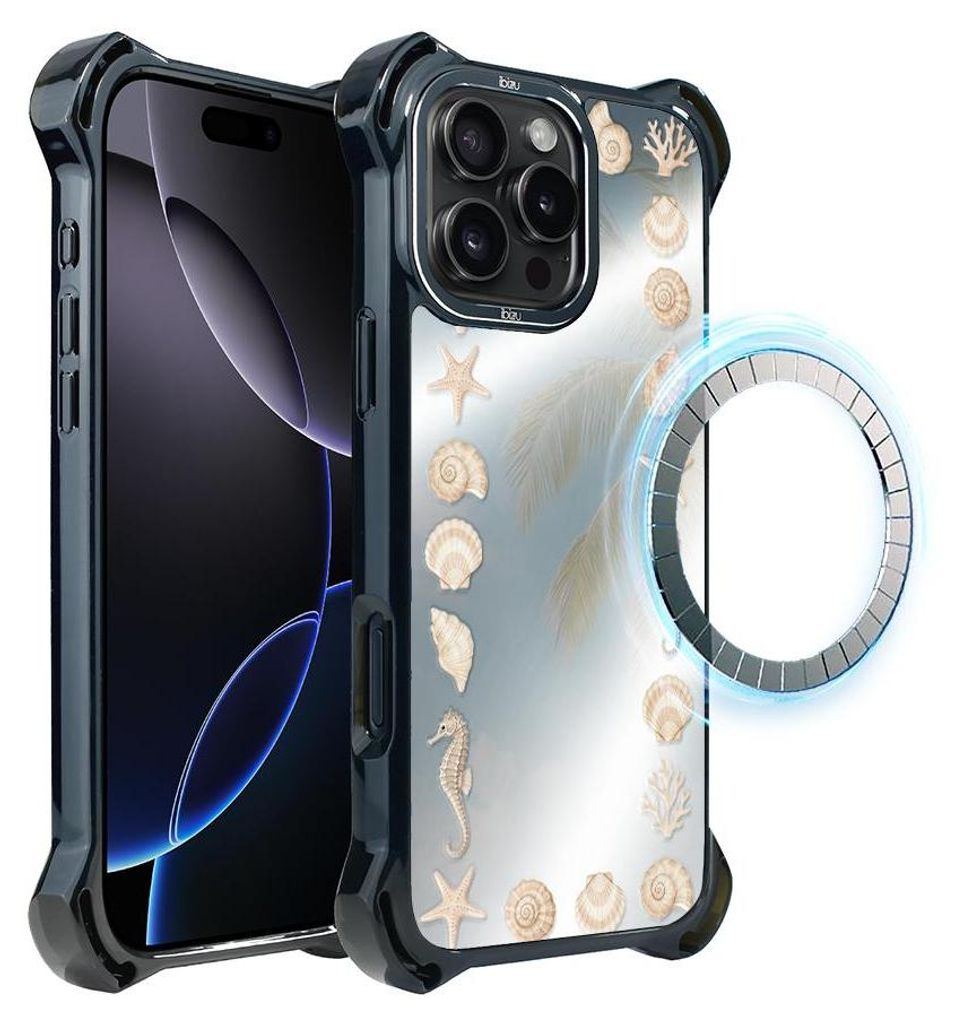 Schutzhülle für das iPhone 16 Pro Max, MagSafe-kompatibel, verstärkte Ecken, schwarz, Spiegel mit Muscheln