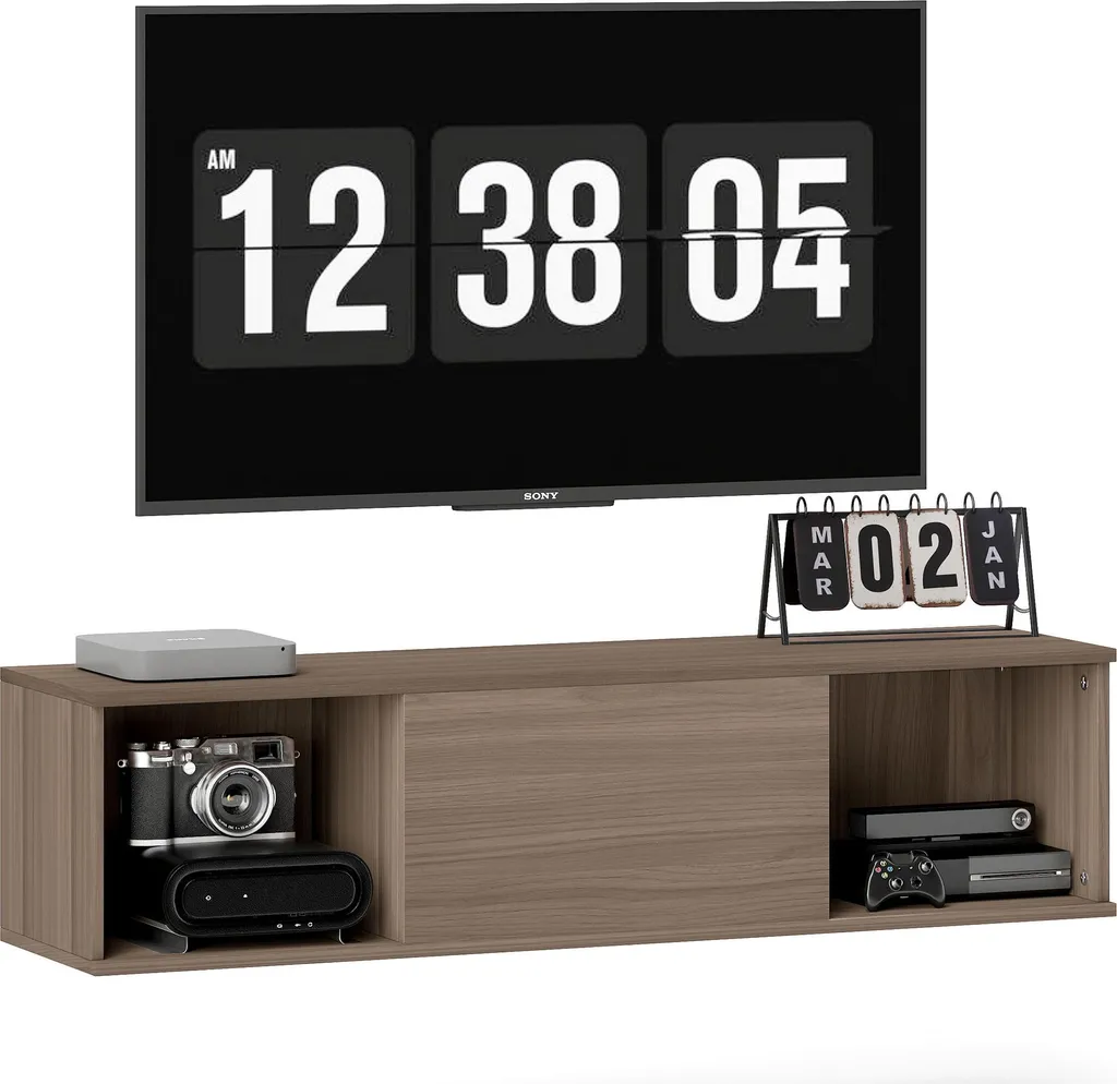 Meuble TV mural 120x30 cm avec 2 niches et rangement rabattable