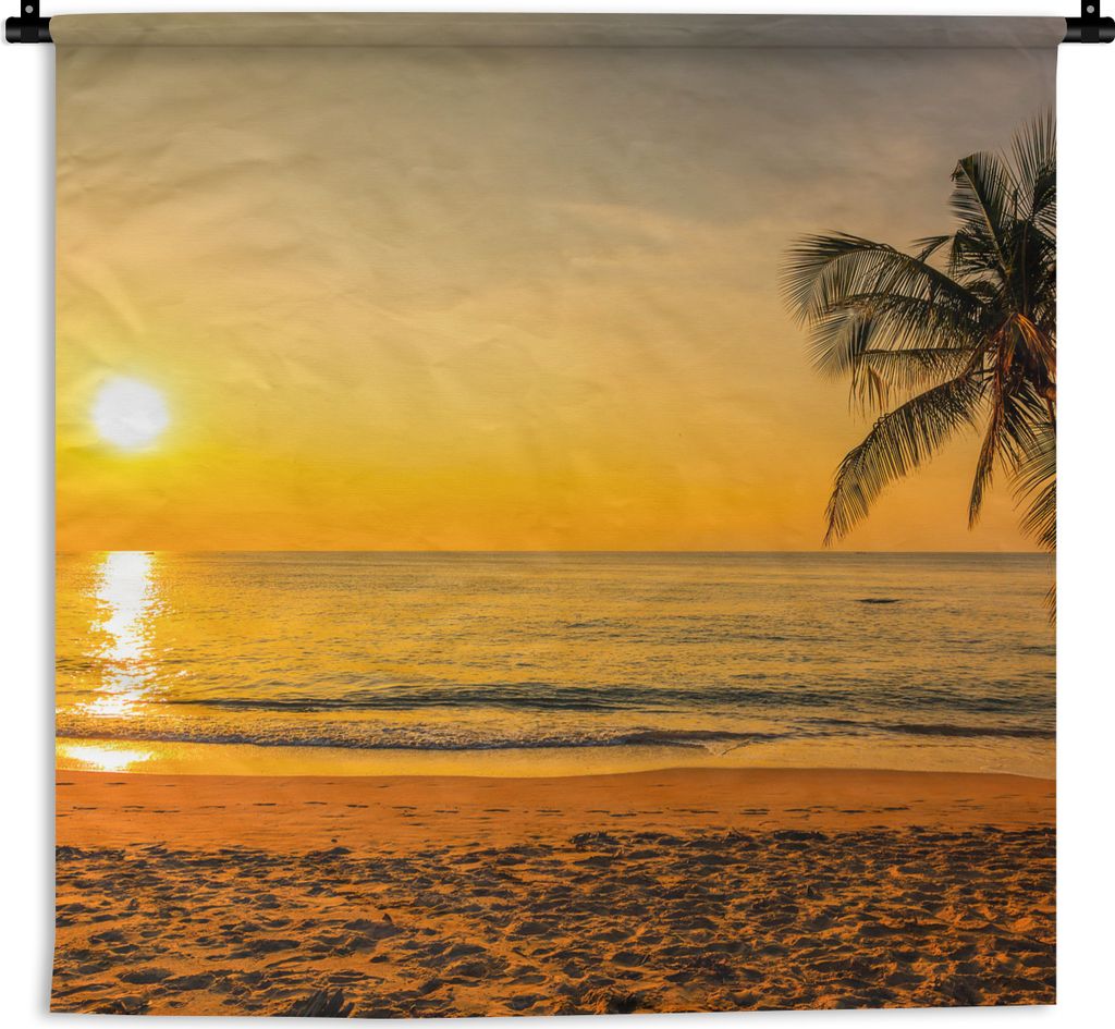 MuchoWow Wandteppich Wandbehang Palme - Strand - Sonnenuntergang - Meer 90x90 cm Tapisserie Dekoration Wandtuch - Wandaufhänger
