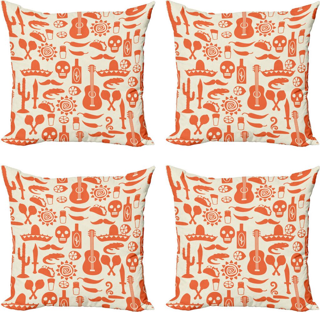 ABAKUHAUS Mexikaner Kissenbezug Set (4 Stück), Sombrero Skulls Kultur, Moderner Doppelseitiger Digitaldruck, 40 cm x 40 cm, Creme orange