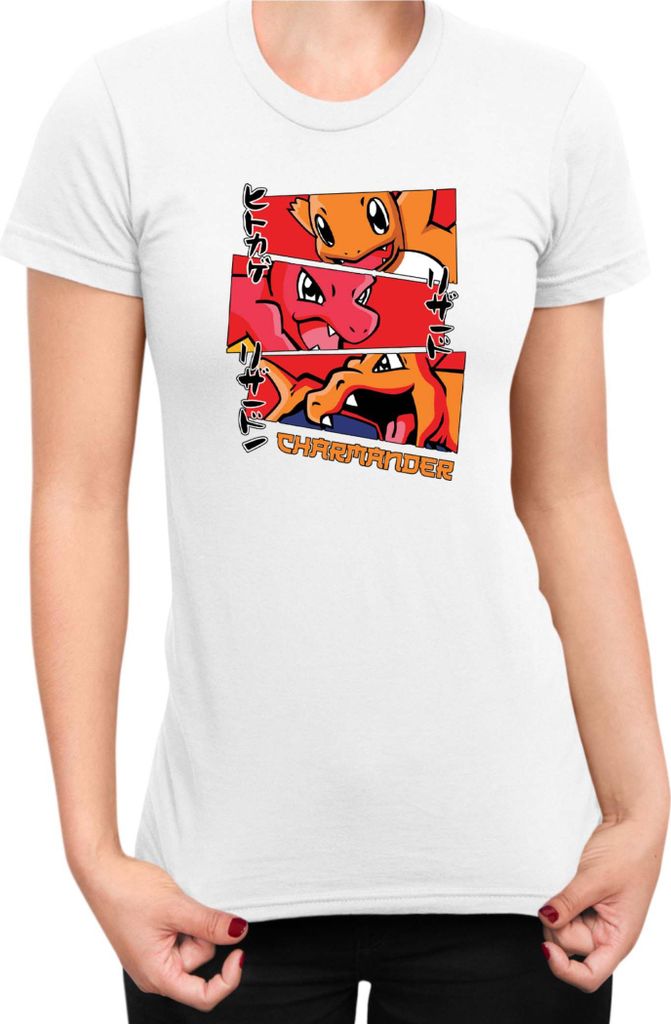 Damen T-Shirt Japan Manga Anime Comics Animation Pokeball Charmander Evolutions, Lady S / Weiß