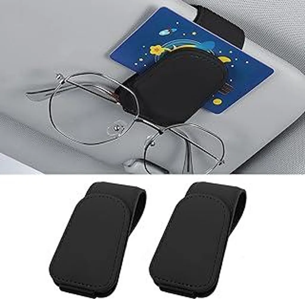 2 portaocchiali per parasole auto, portaocchiali per auto, portaocchiali da sole per auto, portaocchiali magnetico per visiera auto, supporto per occhiali da sole/clip per biglietti (nero)