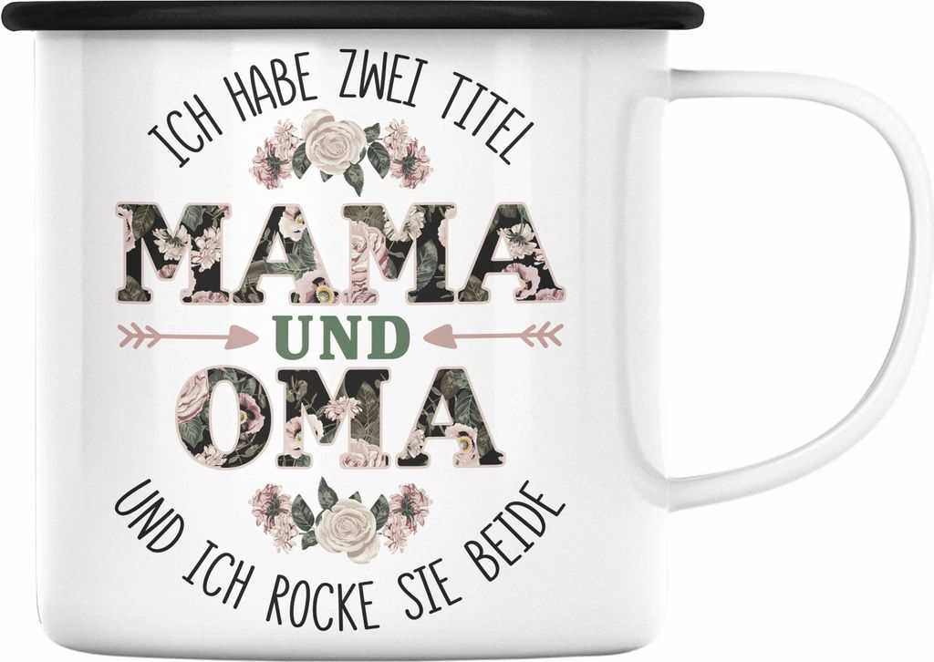 Trendation - Mama und Oma Emaille Tasse Geschenk für Oma Weihnachten Geburtstag Lustige Emaille Tasse Beste Oma (Schwarz)