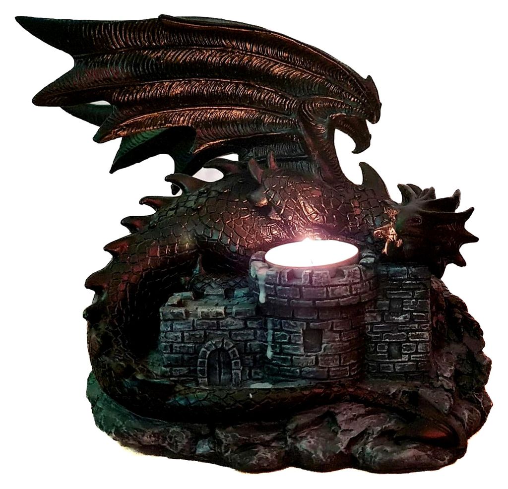 XXL Teelichthalter Drache Burg - Drachenwächter Figur - Fantasy Deko - Kerzenhalter Mittelalter Skulptur - 18x19x15 cm Polyresin