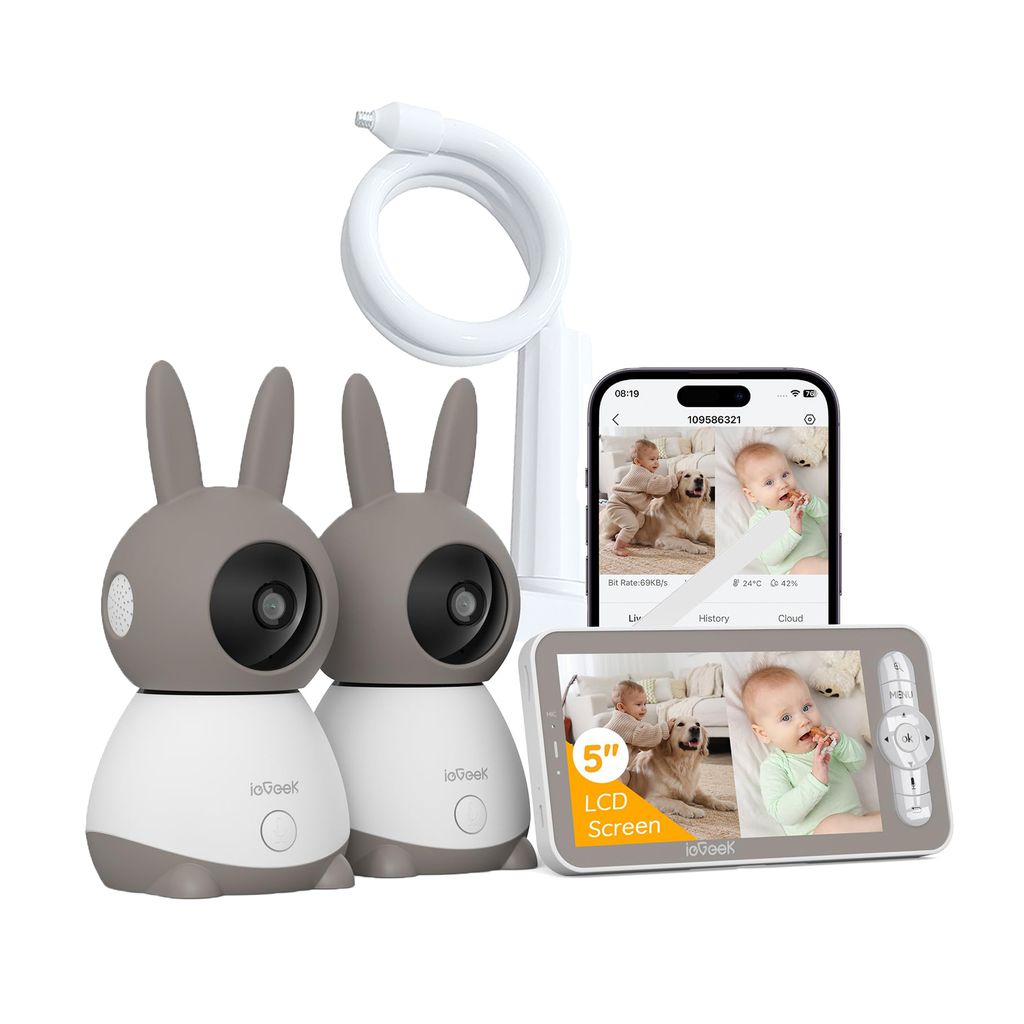2K-Babyphone mit 2 Kameras PTZ 355°, 5-Zoll-Babyphone mit automatischer Verfolgung, Schreierkennung, Zwei-Wege-Sprache, Kamerahalterung