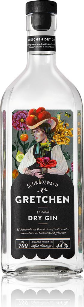 A clear, well-lit product shot of a bottle of gin against a white background. The bottle features a detailed label with an illustration of a woman and floral elements.