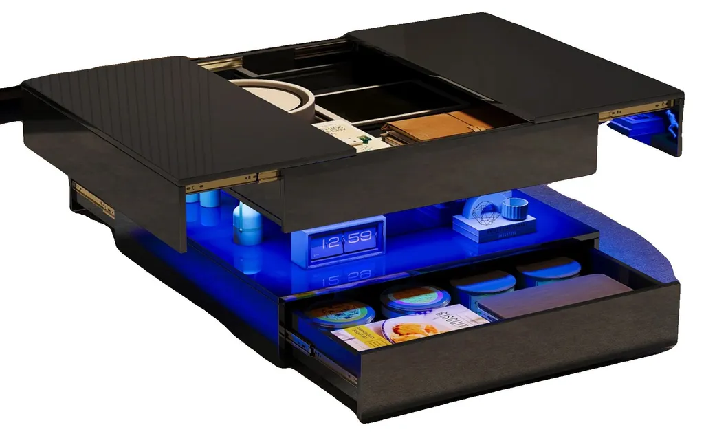 Table basse noire moderne pour optimiser le rangement du salon familial