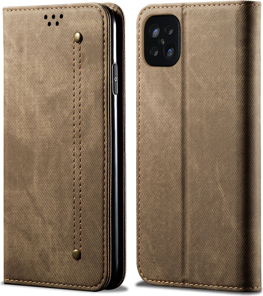 OPPO A92S Hülle, LaimTop Denim Leder Brieftasche Magnetverschluss Flip Bookstyle Schutzhülle mit Standfunktion für OPPO A92S OPPO A92S Khaki