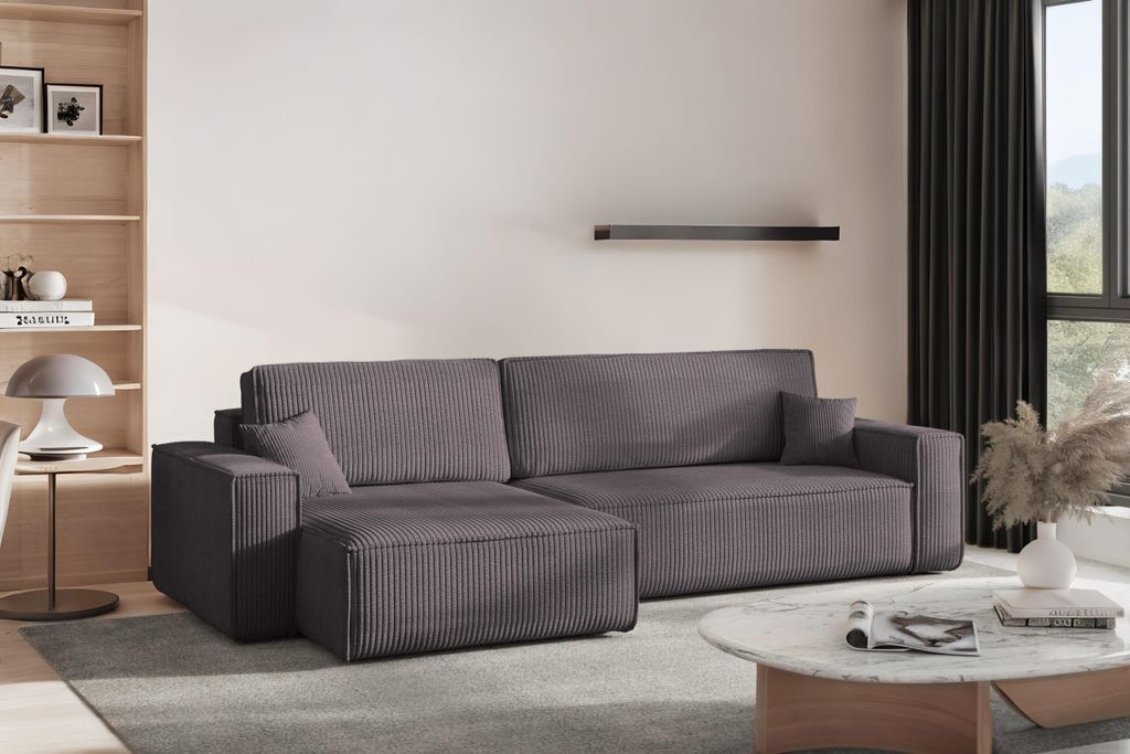 Kaiser Möbel Ecksofa mit schlaffunktion und bettkasten BEST XL, stoff Poso Dicker Cord, Dunkelgrau, Links