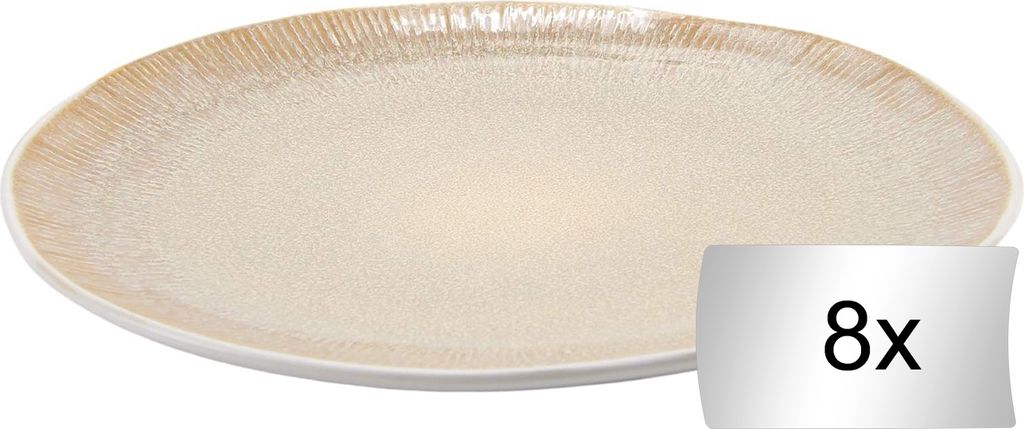 Speiseteller - Ø 27 cm - Beige - Weiß - Steingut - mit linienförmiger Reliefprägung - 8er Set