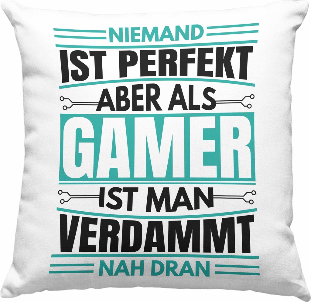 Trendation - Gamer Deko-Kissen mit Füllung 40x40 Geschenk Niemand Ist Perfekt Zocker Geschenkidee für Jungs (Rosa)