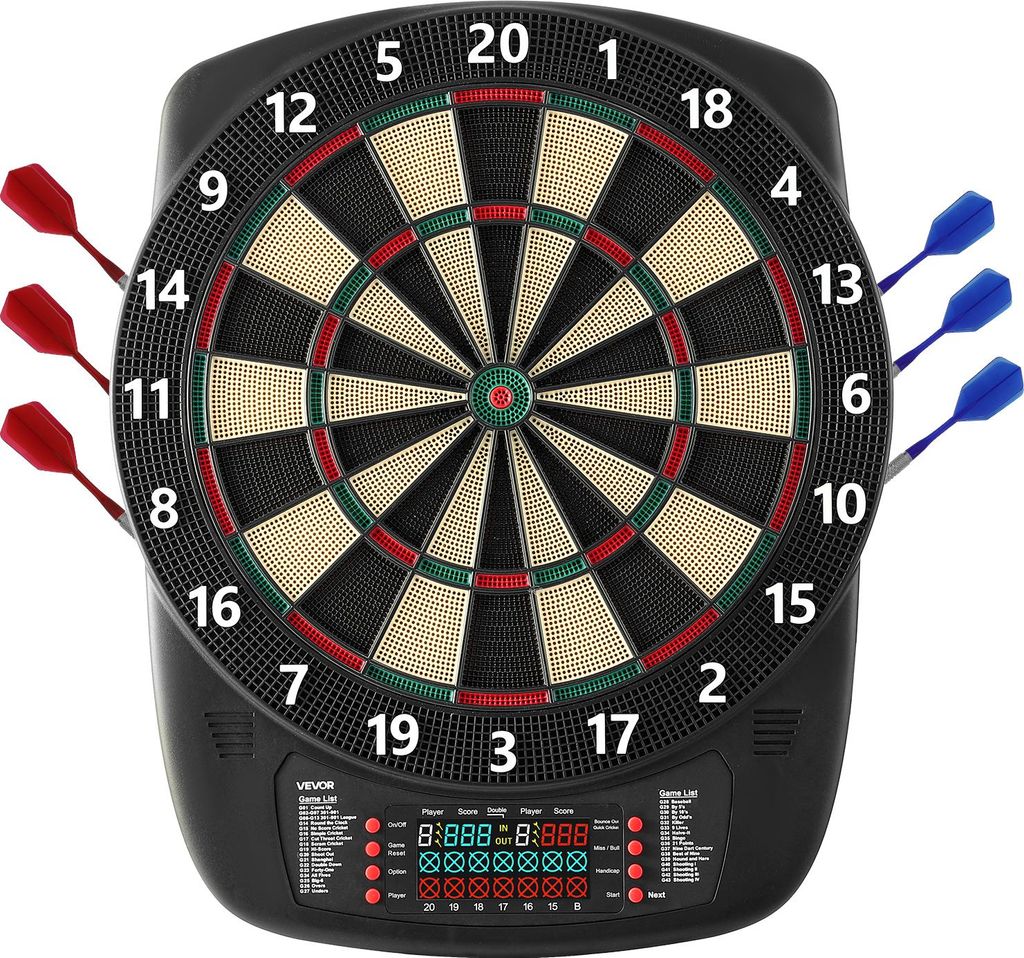 VEVOR Elektronische Dartscheibe, 342,9 mm E-Dartboard mit 43 Spielen & über 200 Variationen für bis zu 8 Spieler, 6 Dartschäfte mit Flights & 50...