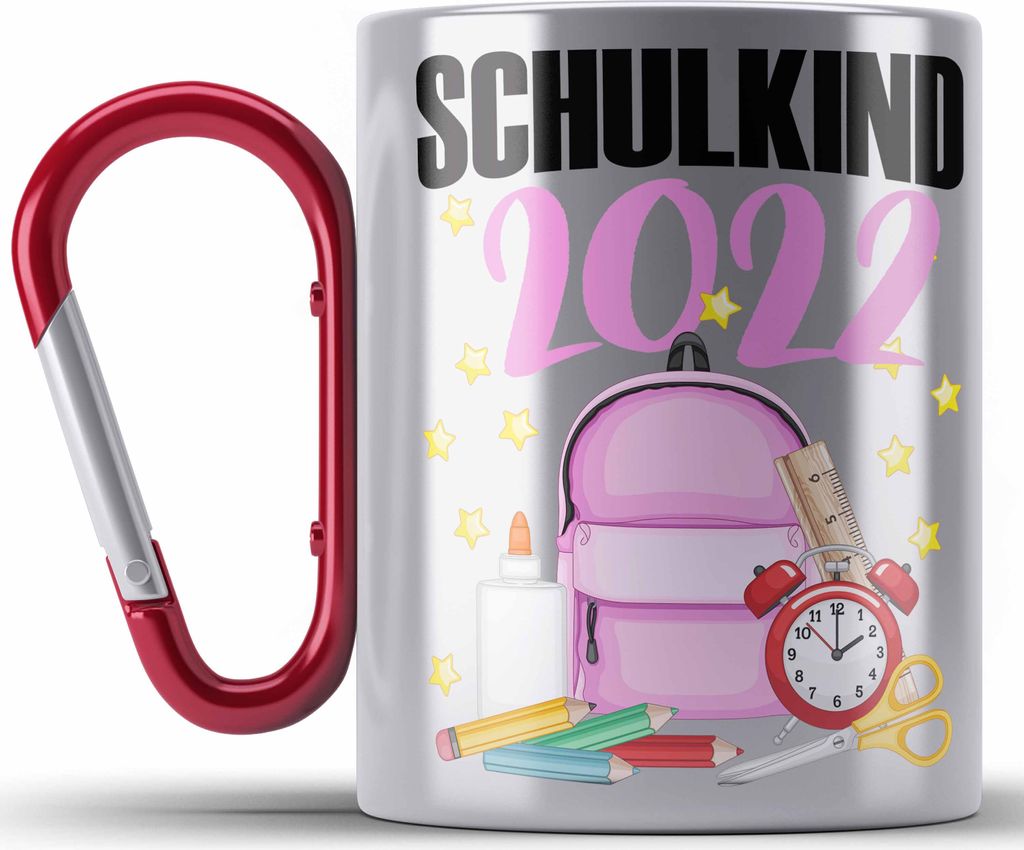 Trendation - Einschulung Mädchen Geschenk Schultüte Füllung Edelstahl Tasse Karabiner Schulstart 1. Schultag Schuleinführung Schulanfang Gesche...