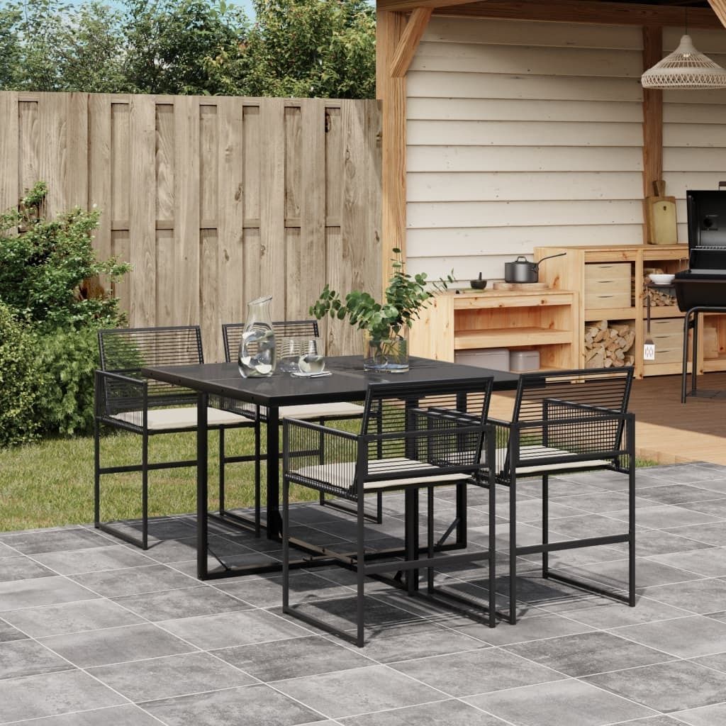 (NEU 2026) 5-tlg. Garten-Essgruppe - Terrassenmöbel - mit Kissen Schwarz Poly Rattan - Gartenmöbelgarnituren - 43.8 kg