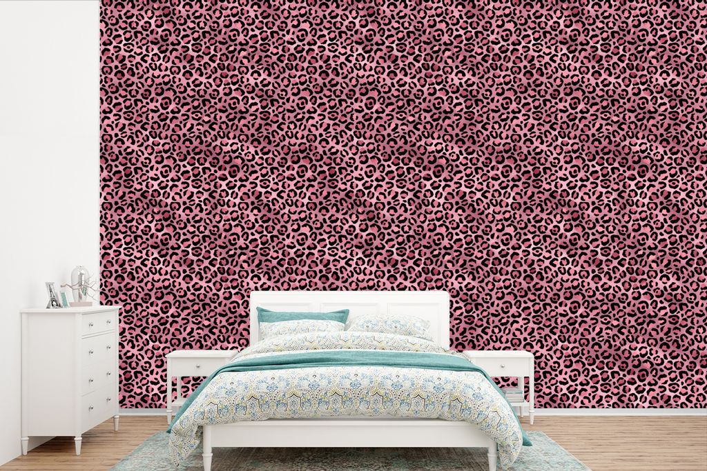 MuchoWow Fototapete für Wohnzimmer oder Schlafzimmer Wandtapete Vinyl Motivtapete Panther - Rosa - Tiermotiv - Muster - 330x220 cm - Fototapeten