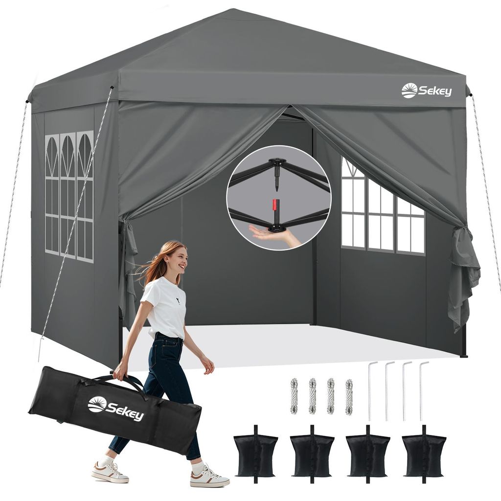 Sekey Faltpavillon 3x3 mit 4 Seitenwänden und mit 4 Sandsäcke, Wasserdicht Pop Up Pavillon für Camping, Festival, Events, Picknicks, Grau