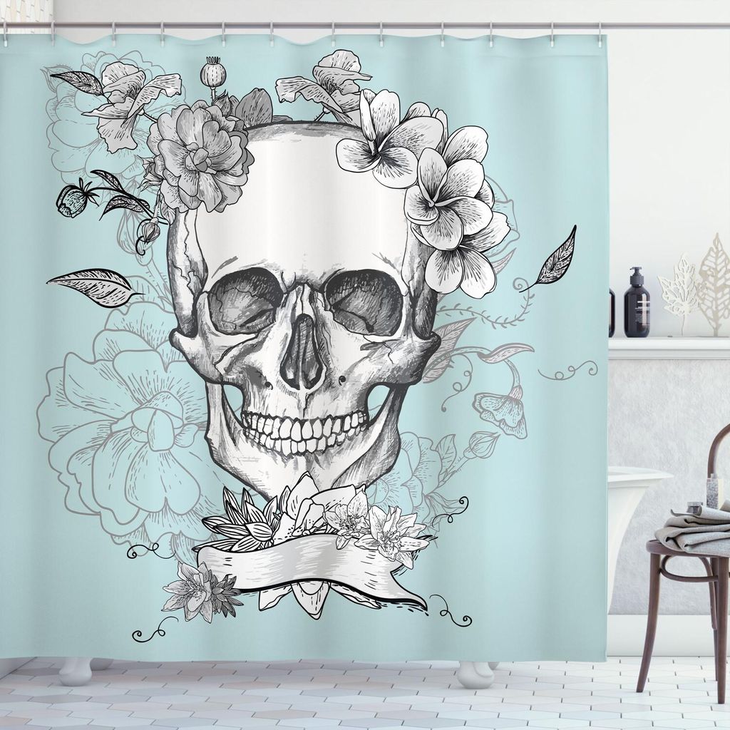 ABAKUHAUS Grunge Duschvorhang, Totenkopf und Blumen Tag der Toten mexikanische traditionelle Feier symbolische Kunst, 175 x 180 cm, Türkis Weiß