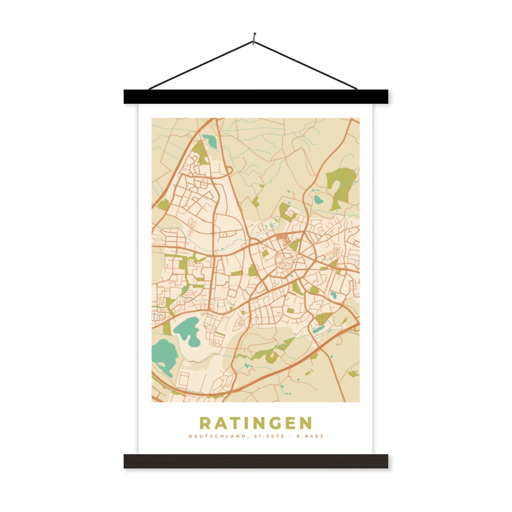 MuchoWow Textilposter Ratingen - Karte - Stadtplan - Vintage - Karte 60x90 cm mit schwarzem Rahmen - Poster Wohnzimmer