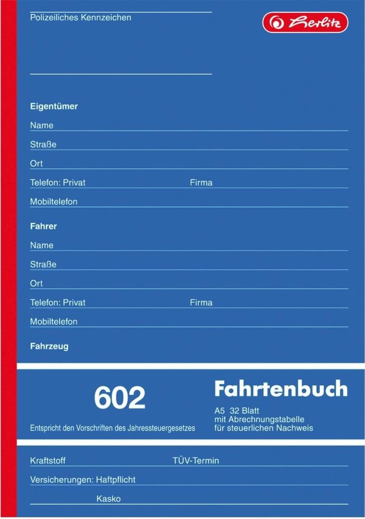 Formularbuch Fahrtenbuch A5 602 32 Blatt Packung mit 4 Stück