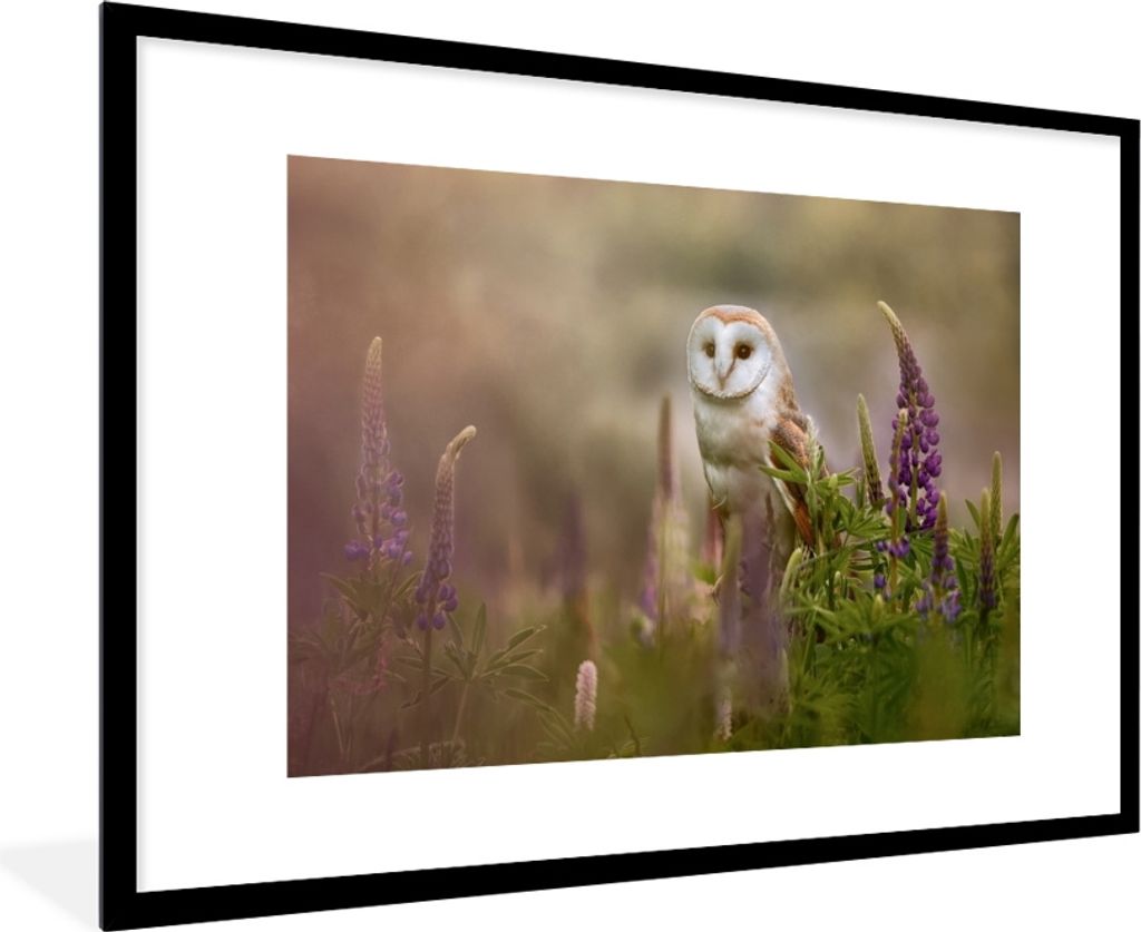 MuchoWow MuchoWow Gerahmtes Poster Eule - Blumen - Vogel 90x60 cm - Poster mit zchwarzem Bilderrahmen - Wanddekoration - Fotos