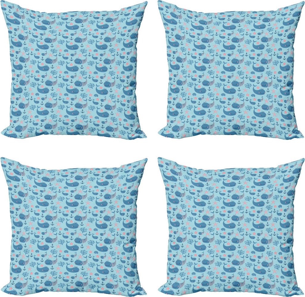 ABAKUHAUS Wal Kissenbezug Set (4 Stück), Glückliches Unterwasserleben, Moderner Doppelseitiger Digitaldruck, 50 cm x 50 cm, Blassblau Marineblau