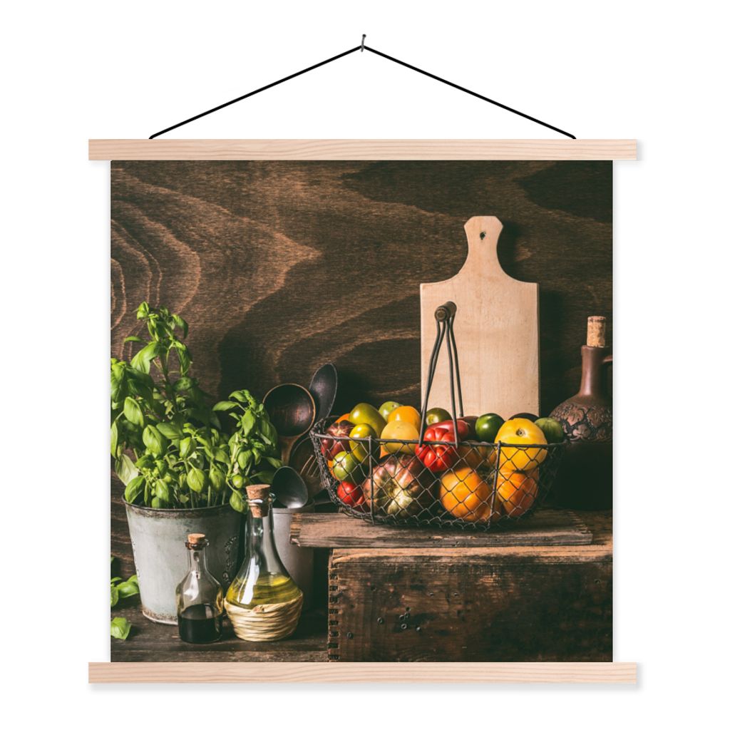 MuchoWow Textilposter Gemüse - Kräuter - Rustikal - Stilleben - Basilikum 60x60 cm mit holzfarbenen Rahmen - Wanddekoration