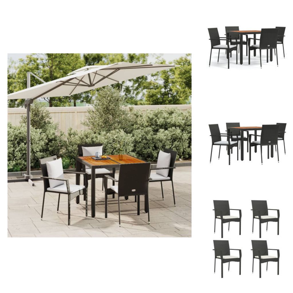 vidaXL 5-tlg. Garten-Essgruppe mit Kissen Schwarz Poly Rattan - Gartenmöbel-Sets
